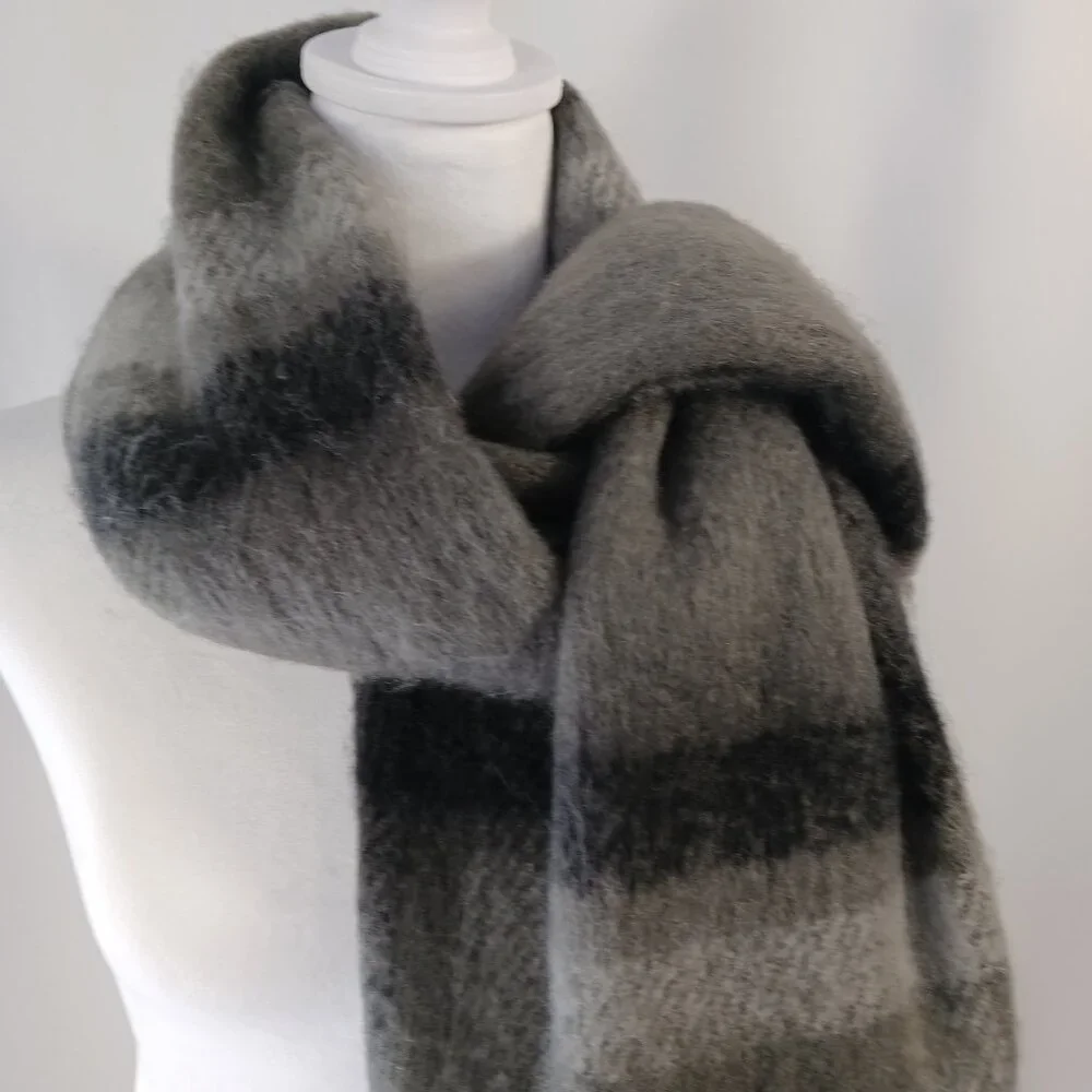 Steve Madden Brushed Plaid, Blanket Wrap Scarf, Black/Gray, Fringe, One Size